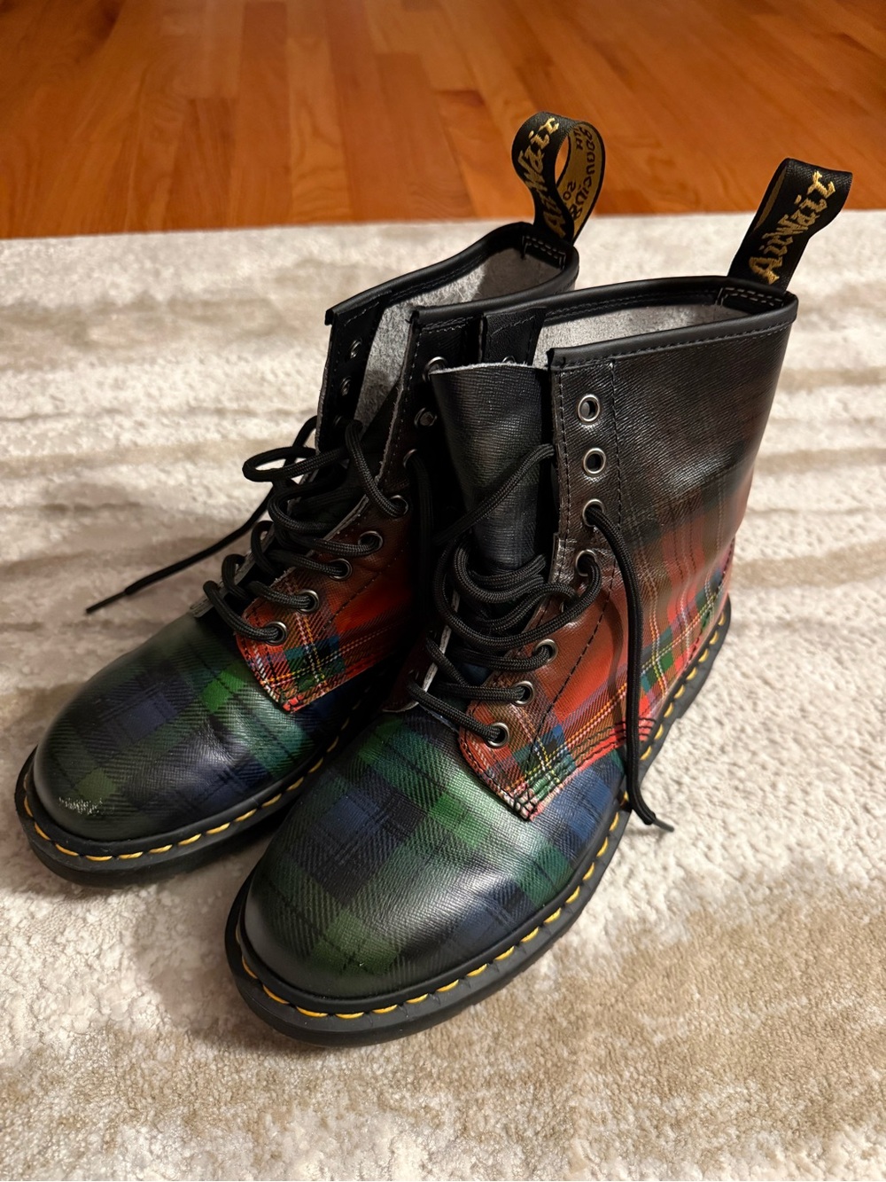 Dr. Martens Black Plaid Leather 8-Eye Lace-Up Boots UK 7, US Women 9